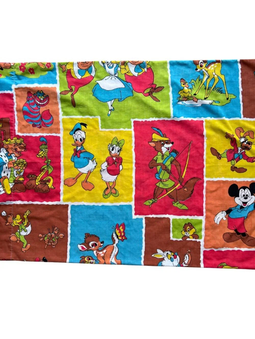 Vintage Disney Pillowcase featuring Alice, Robin Hood, Mickey, Donald, Bambi, Ch